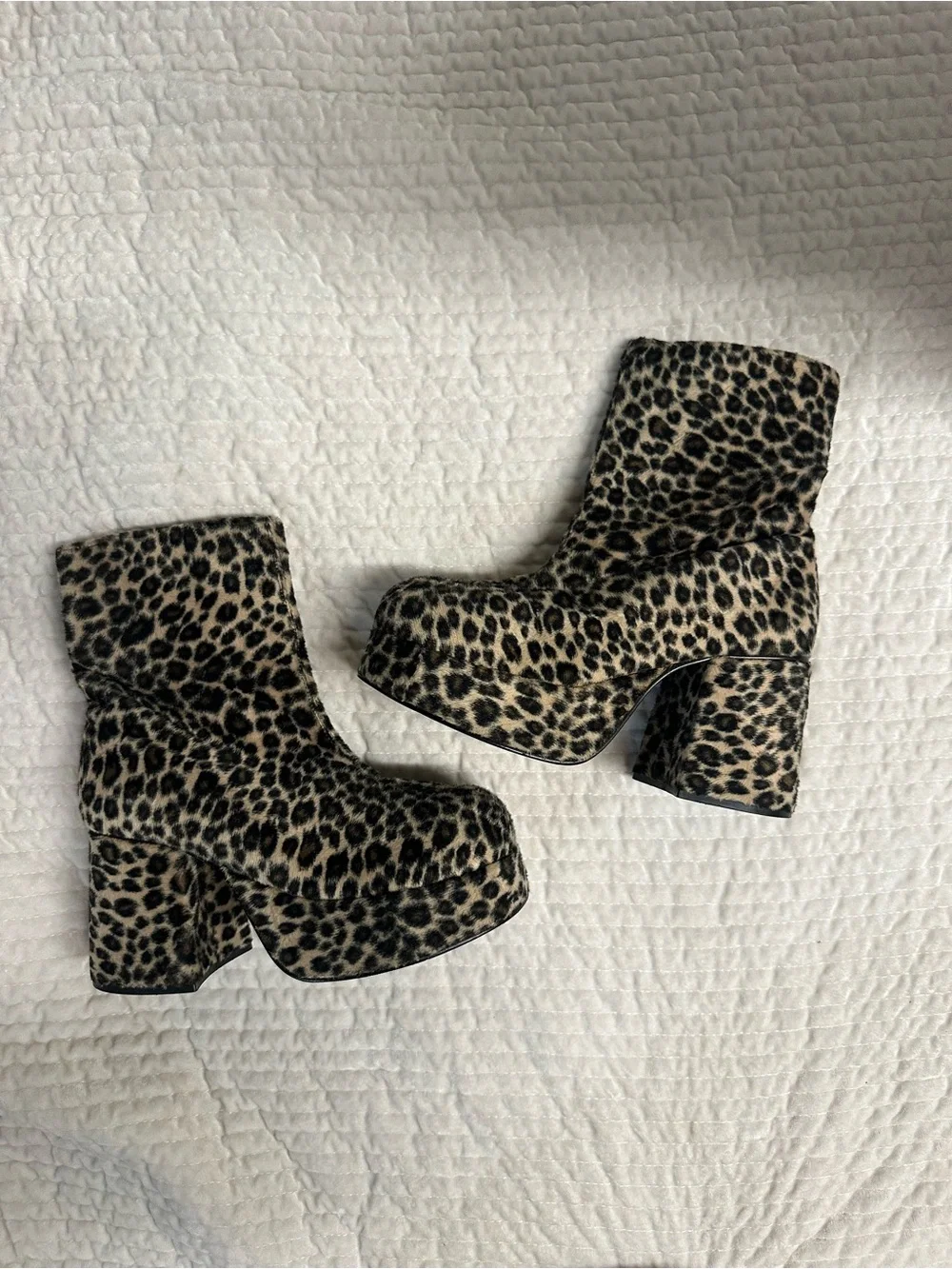 Leopard Fuzzy Print Platform Ankle Boots
